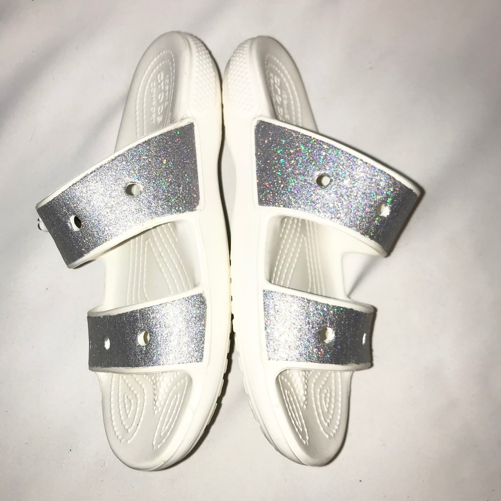 Crocs Classic Glitter Sandals Silver Strap Slides Womens 7 Mens 5 Comfort Summer - Picture 11 of 13